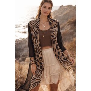 Chico’s Travelers Leopard Print Open Front Duster Cardigan Sheer Mesh Size  XL